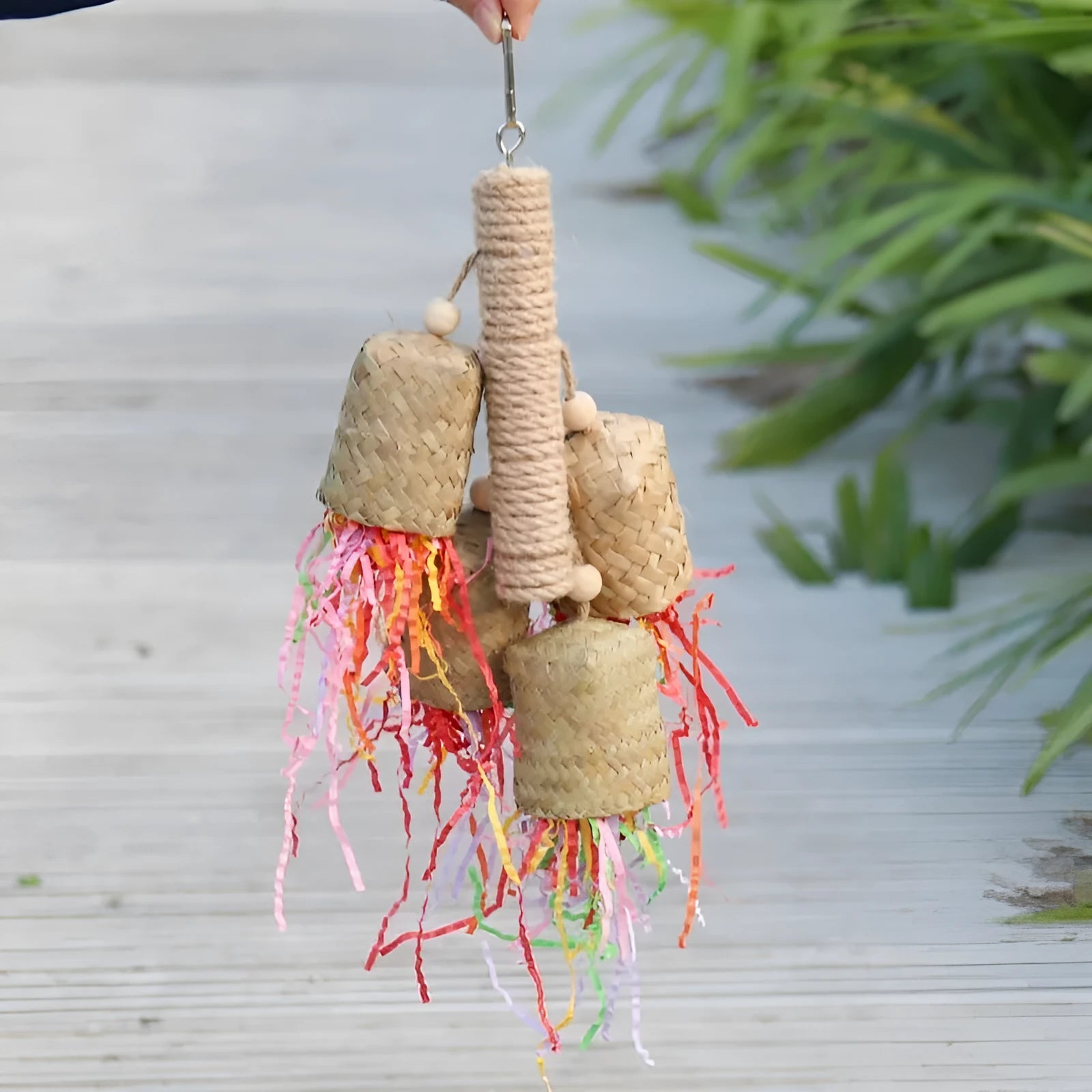 Colourful shredded paper hanging bird toy for parrots with wooden frame and sisal rope