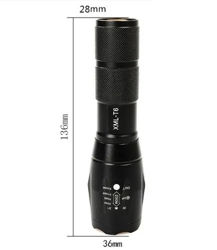 Black aluminium alloy zoomable LED flashlight with adjustable focus head for outdoor use.