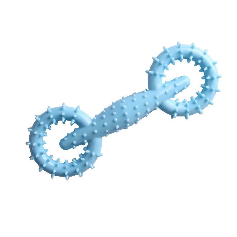 Blue TPR dog chew toy ring for puppy teething on white background