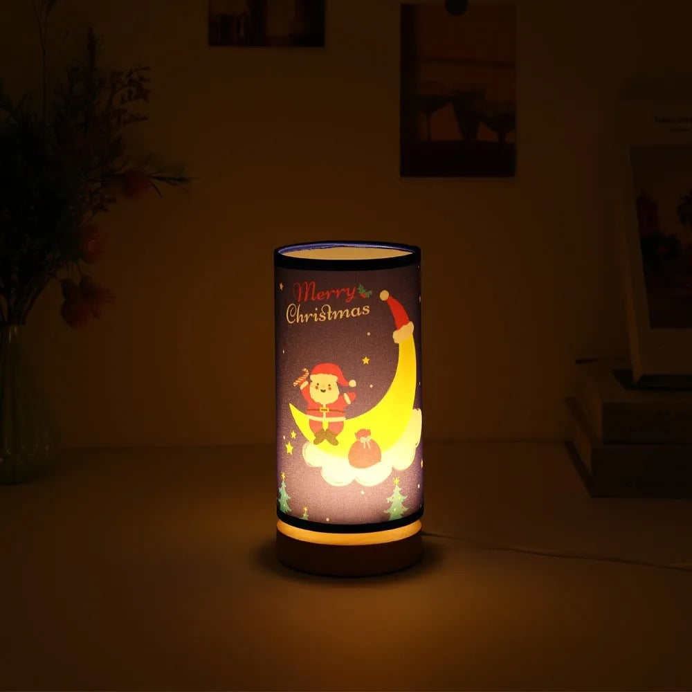 Santa Claus figure LED night light with bamboo lamp holder and USB plug.