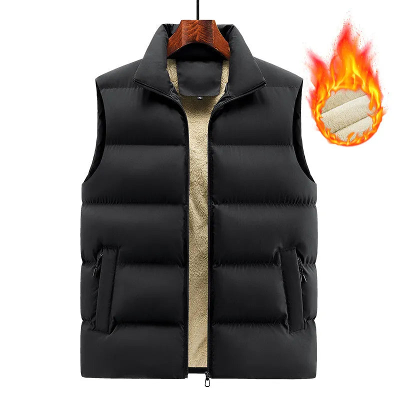 Men's striped lambswool vest or waistcoat in black, shown as a layering piece for winter.