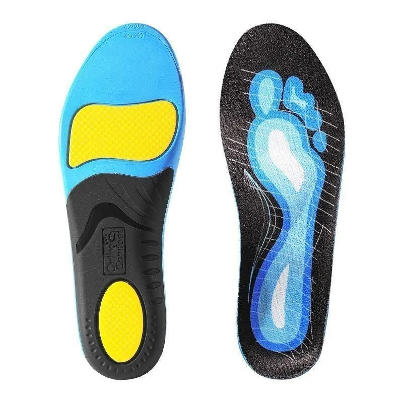Blue and green flat foot correction insoles showing instep arch support pads with UK size markings 35-46