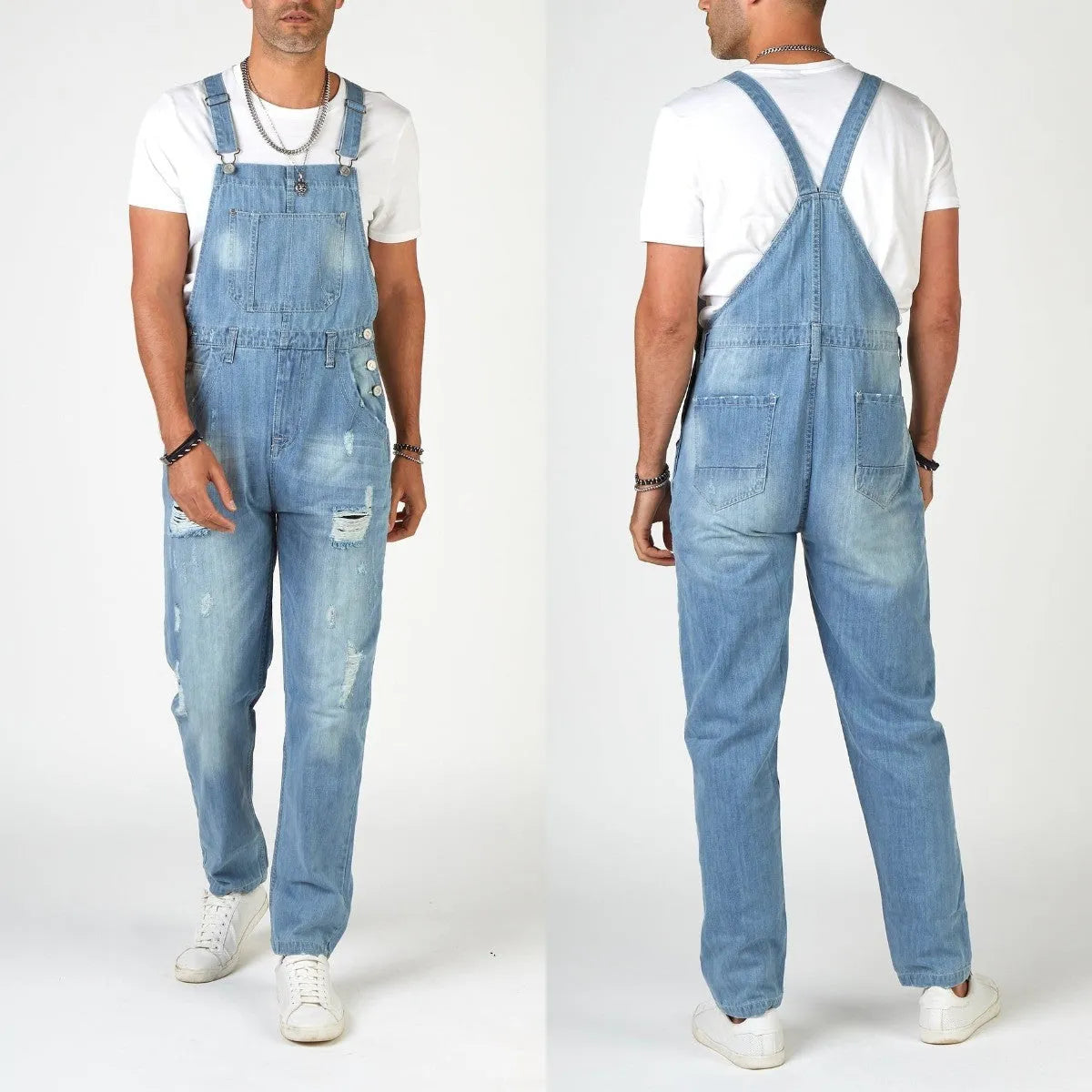 Light blue men's jeans with rips, high waist, built-in suspenders, and straight legs on a size chart.