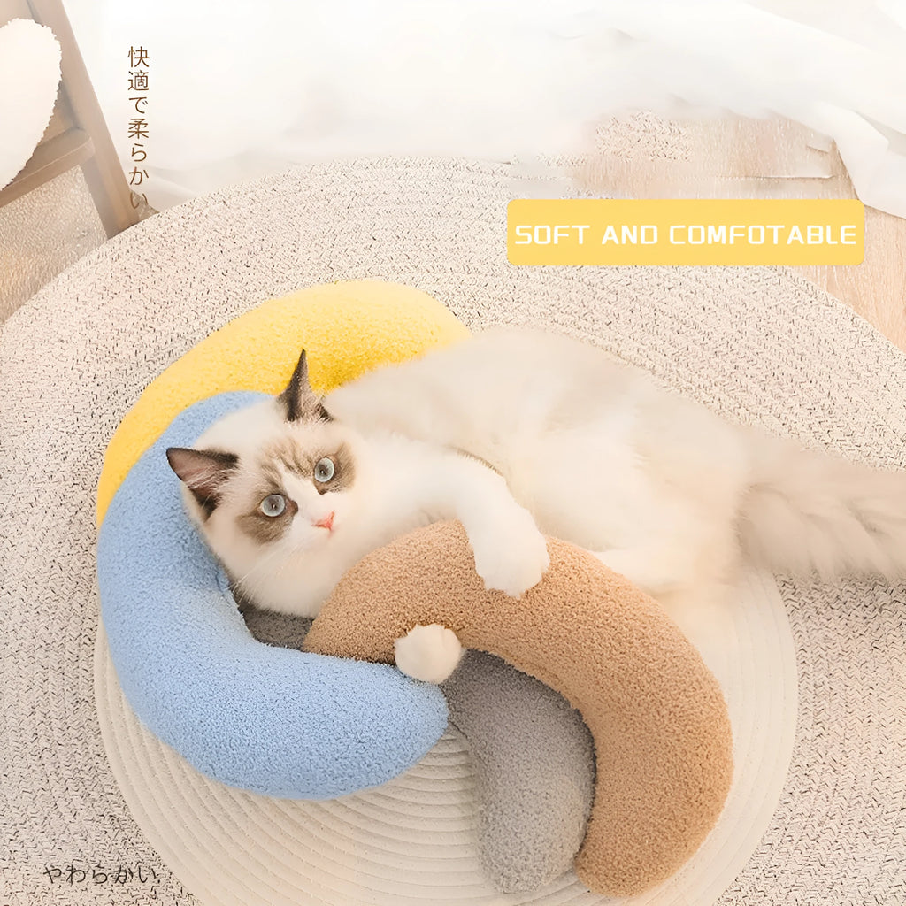 U-shaped blue cat pillow with adjustable fabric collar for pet neck support