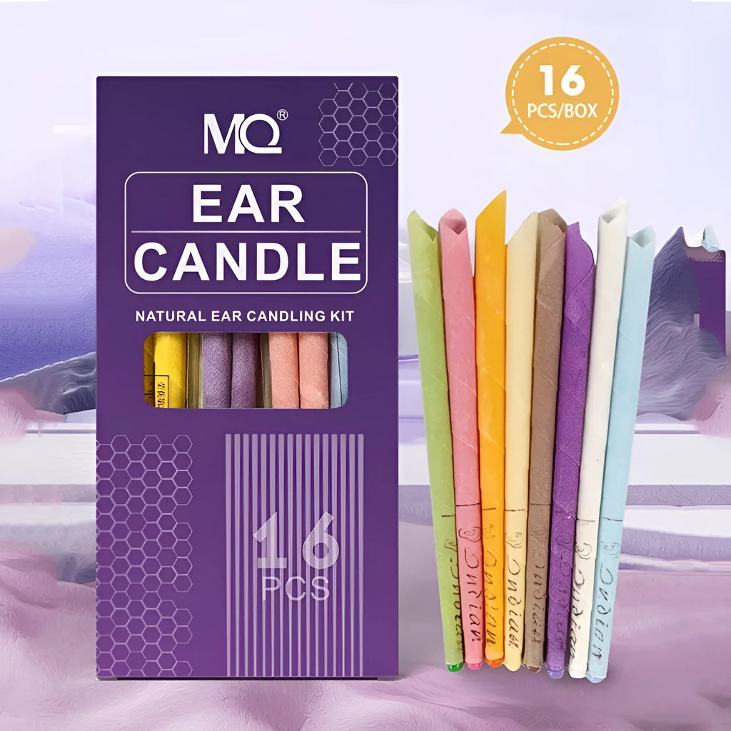 Ear candle health massage kit showing 16 candles, 8 protection boards, and 16 swabs in assorted colours