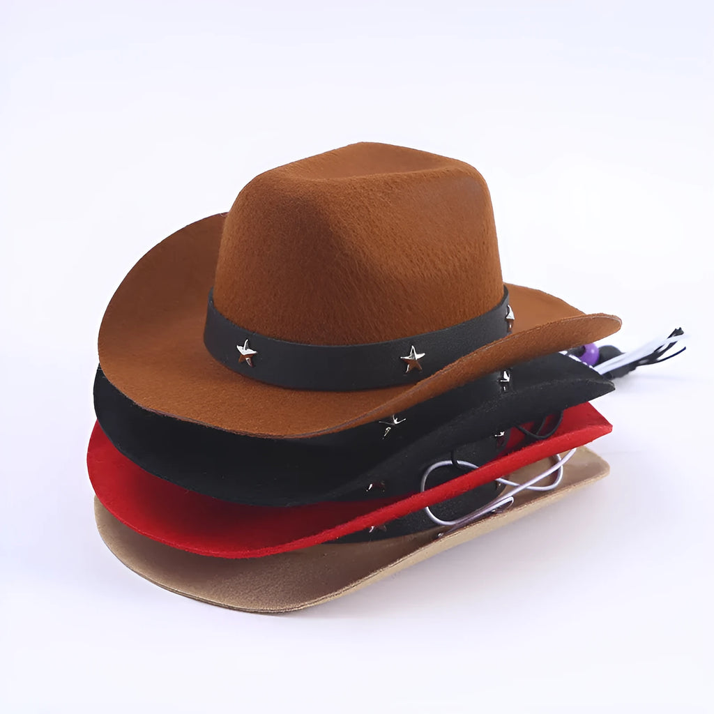 Polyester woven pet cowboy hat for small cats and dogs, western style, 19x18x7cm, in brown
