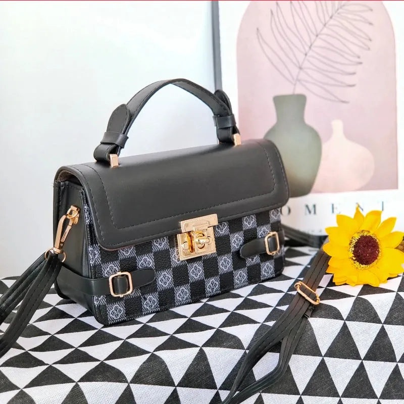 Brown ethnic pattern square crossbody bag with file compartment and structured PU build