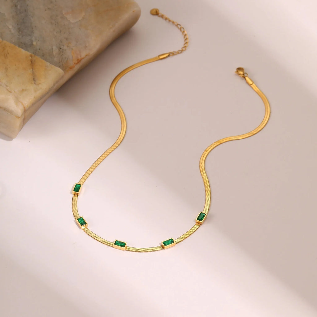 Geometric square zircon necklace with flat snake chain in gold colour finish