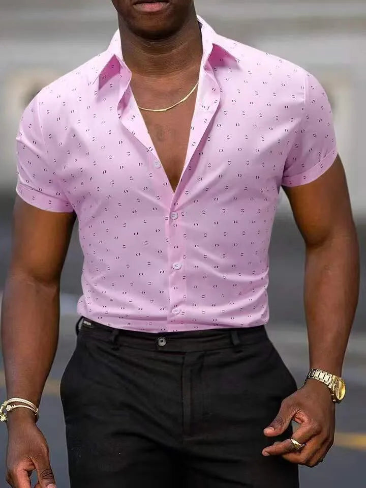 Light blue men's short-sleeved shirt with floral print, featuring a cardigan style and short sleeves.