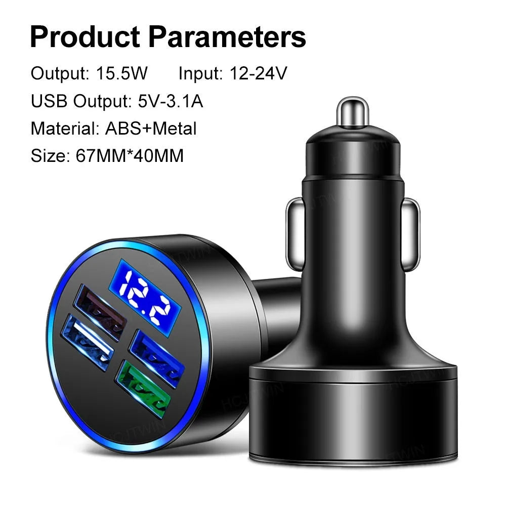 Black multi-port car USB charger with four ports and cigarette lighter plug for vehicle power outlet