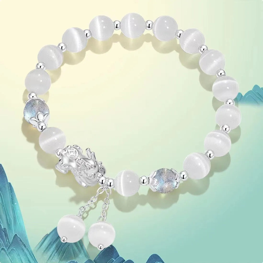 Handmade black agate and grey opal couple bracelet with 10mm wave beads and money painting design