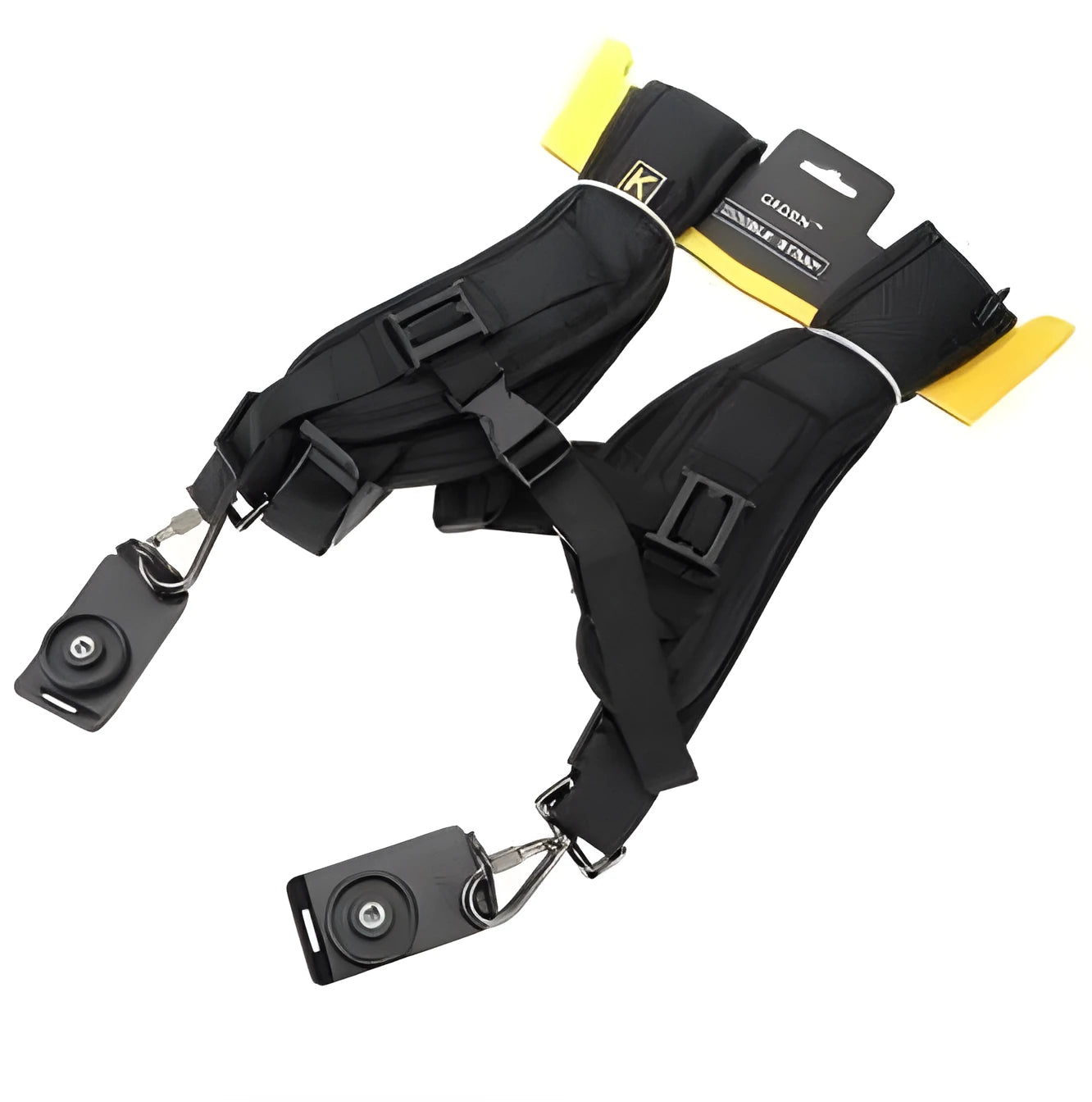 Black professional dual SLR camera shoulder strap showing two camera attachments and thick sponge padding.