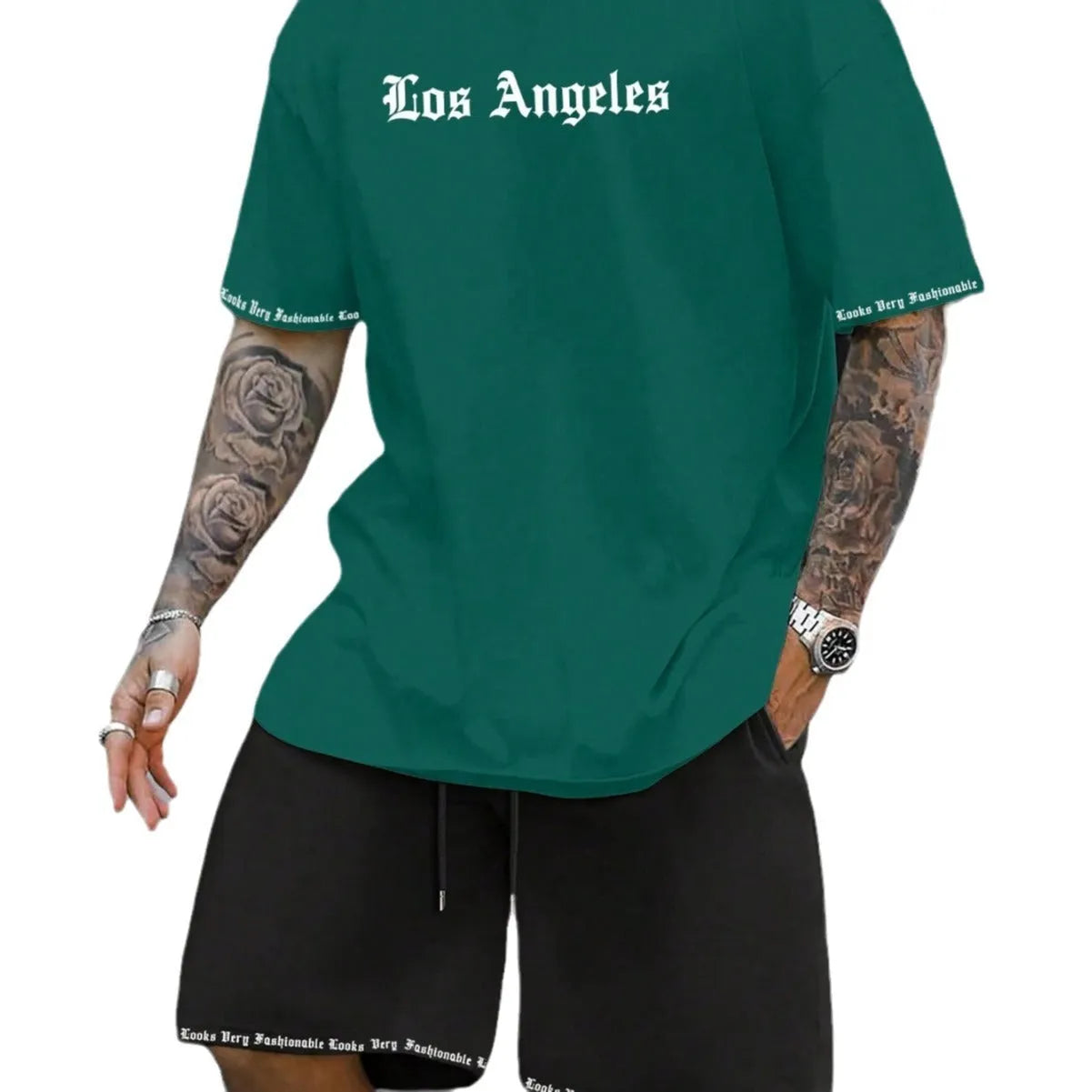 Men's sports style short-sleeved shirt and shorts set in polyester blend fabric