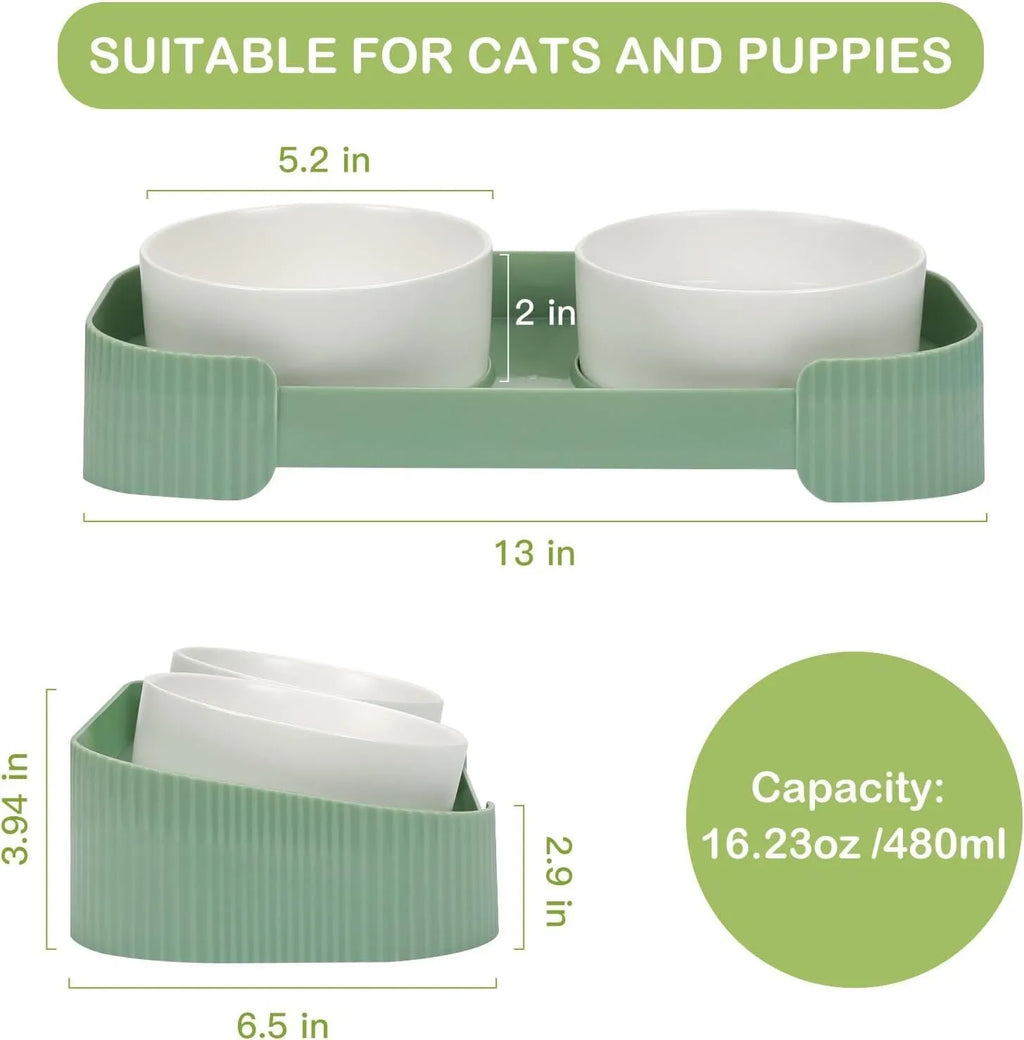 Ceramic elevated cat bowls with 15 degree tilt and non-slip base in green, white or yellow