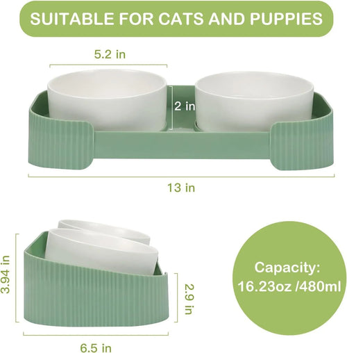 Ceramic elevated cat bowls with 15 degree tilt and non-slip base in green, white or yellow
