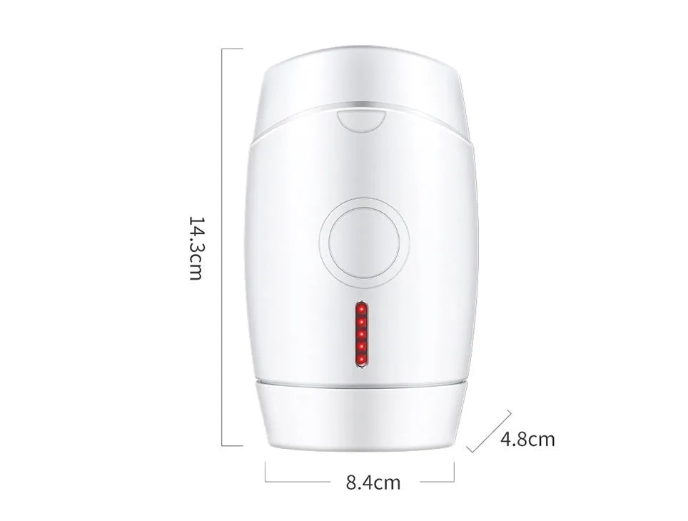 White home laser hair removal device with display screen and attachment head on a white background.