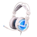 Black and white USB gaming headset with LED lights and padded ear cushions