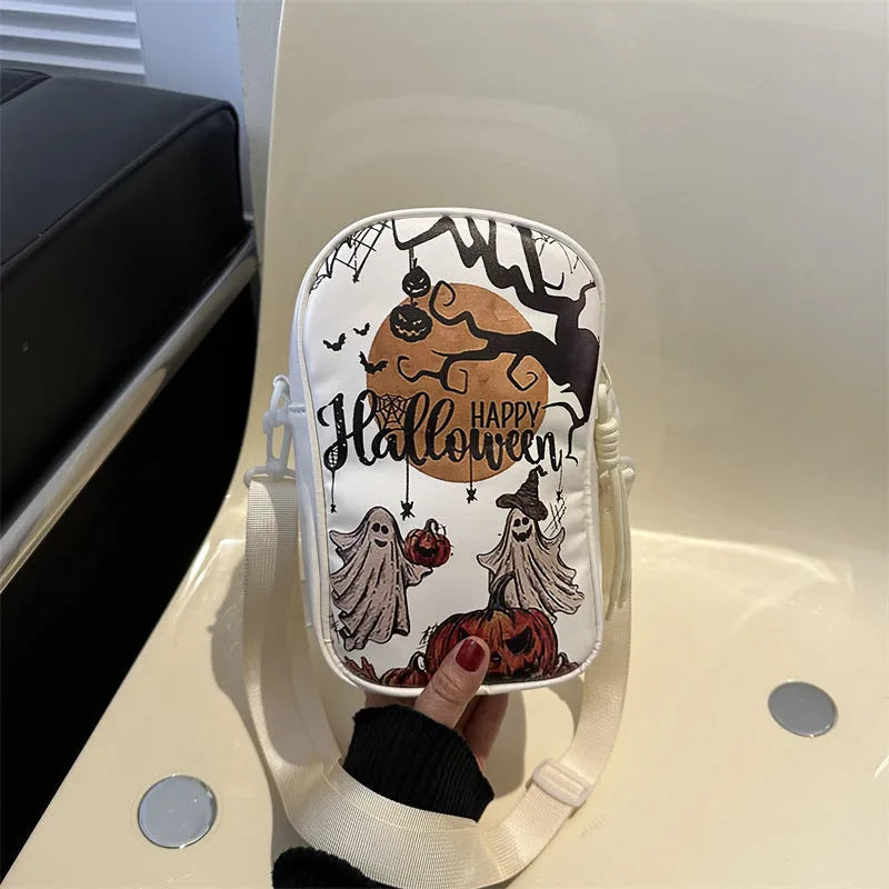 Halloween graffiti print crossbody bag with pumpkin ghost bat design in PU leather