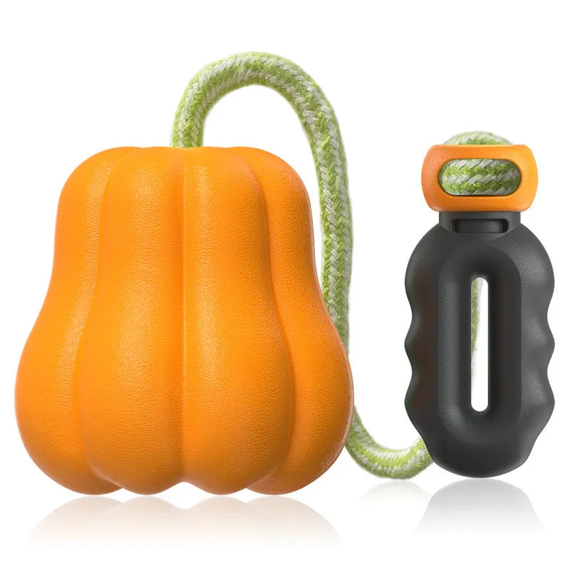 Pumpkin orange plastic dog chew toy with attached rope for tugging and fetching.