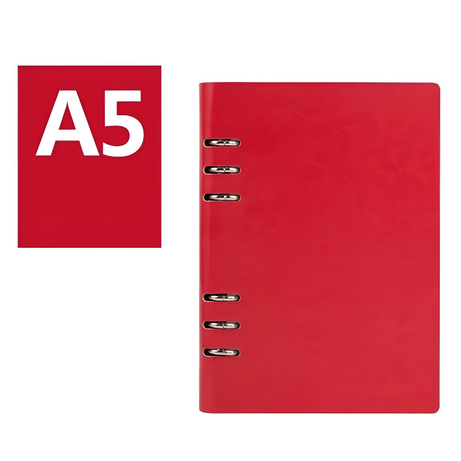 Imitation leather loose-leaf notebook in red, shown open, with A5, A6, and B5 size options.