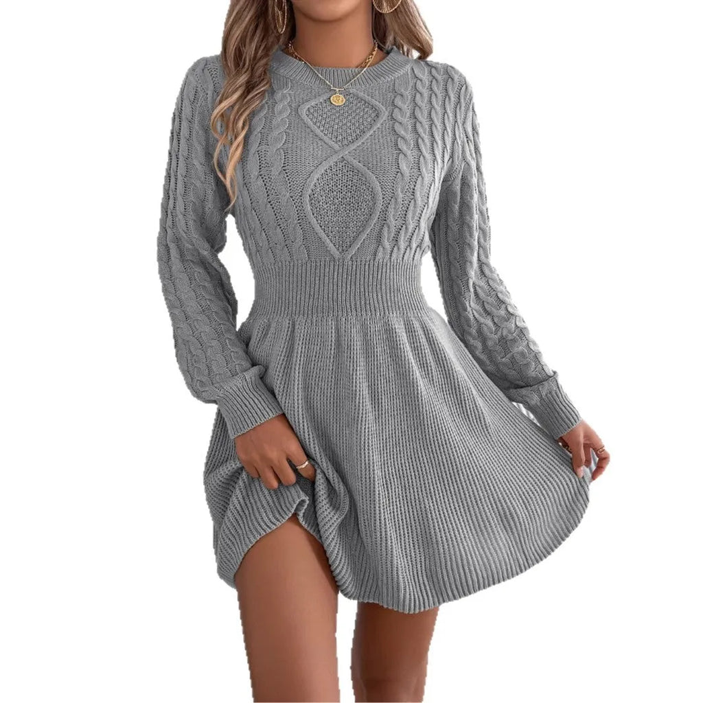 Women's black lantern sleeve sweater dress with a twisted elastic waistband.