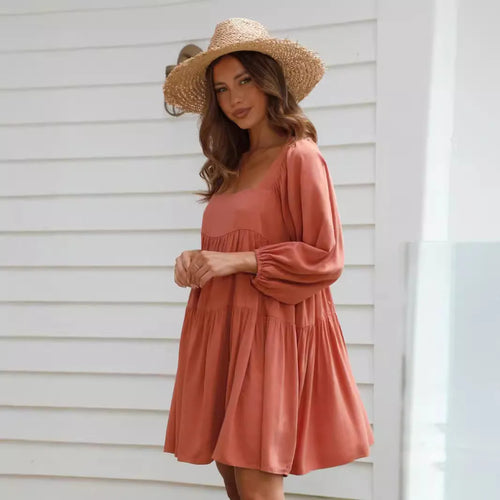 Children's orange backless pullover dress with square collar and puff sleeves, A-line skirt