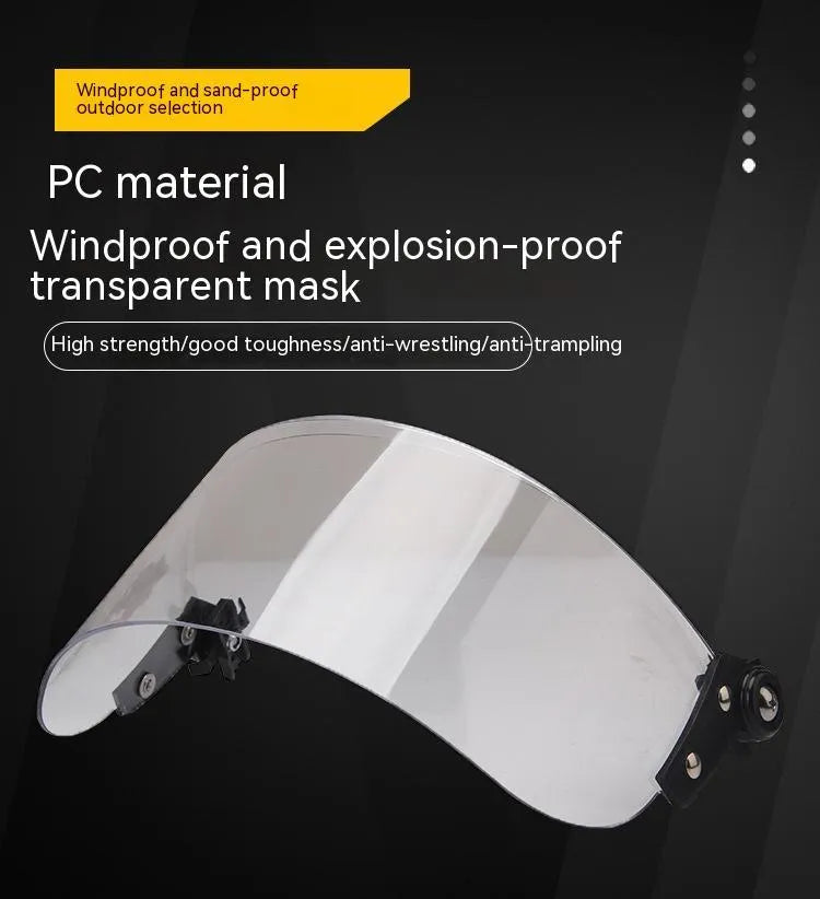 Transparent windproof sports mask with explosion-proof PC construction measuring 30x15cm