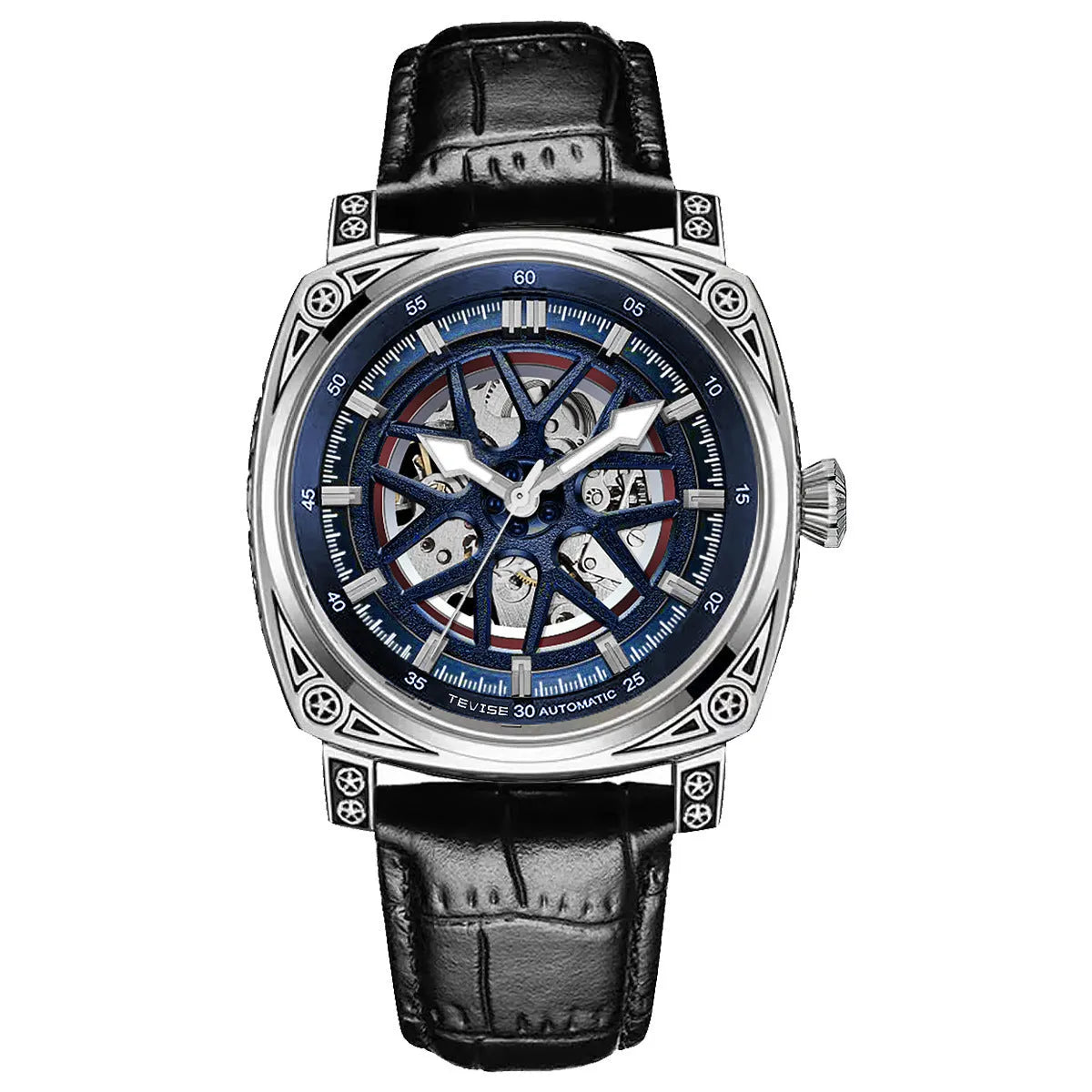 Automatic mechanical men's watch with stainless steel case and blue leather strap
