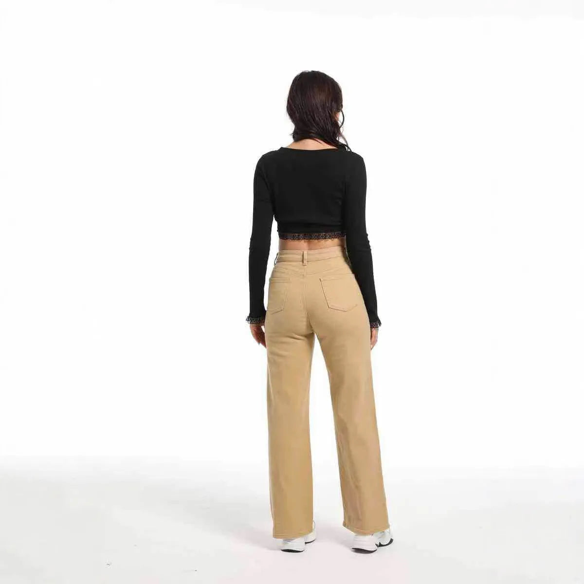 Women's high waist straight leg jeans in apricot and khaki colours