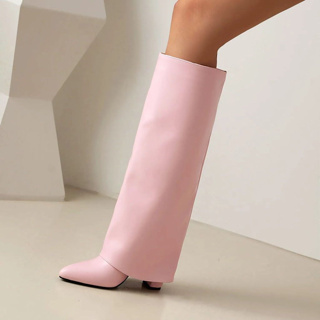 Women's plus size thick high heel boots in white colour with tall cylinder design and sewn seam details