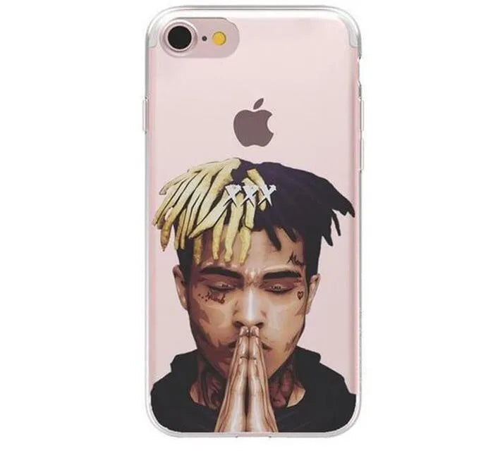 Compatible half-wrapped iPhone case with Xxxtentacion patterned design in transparent matte finish.