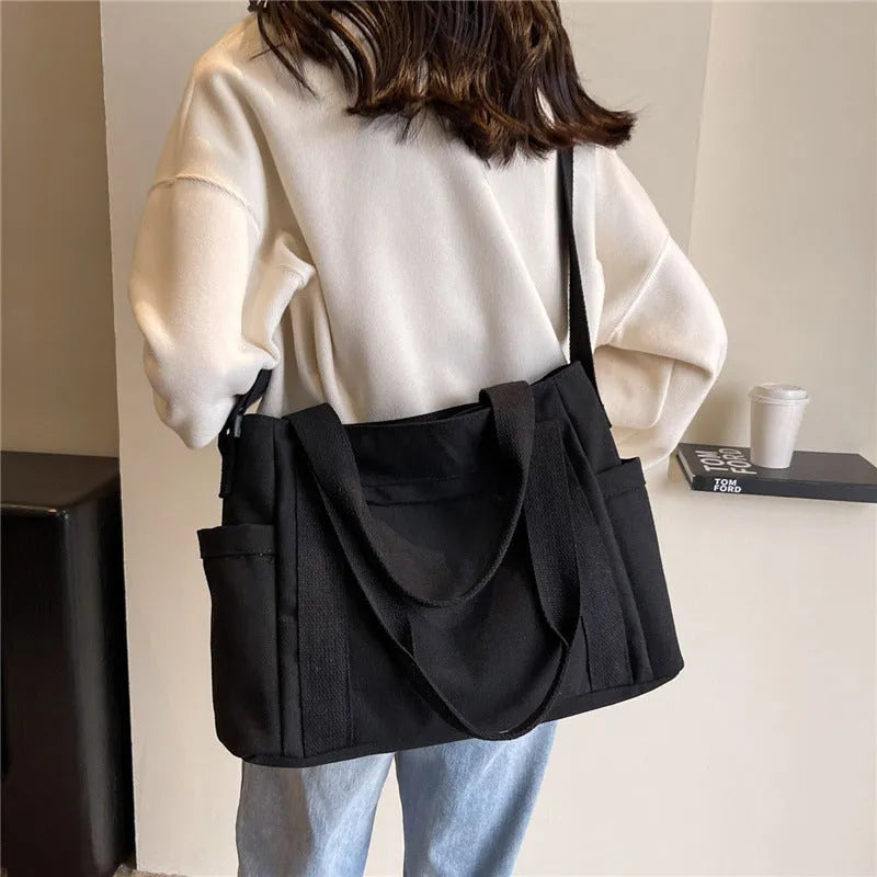 Women's canvas shoulder tote bag with sandwich pocket in solid colour options