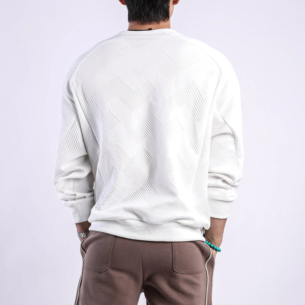 Men's loose fit twill jacquard pullover sweater with long sleeves and round neck
