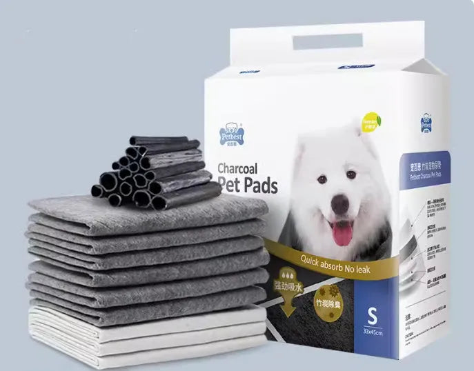 Pack of thickened absorbent dog urine pads showing size options and variant types like bamboo charcoal and lemon scent.