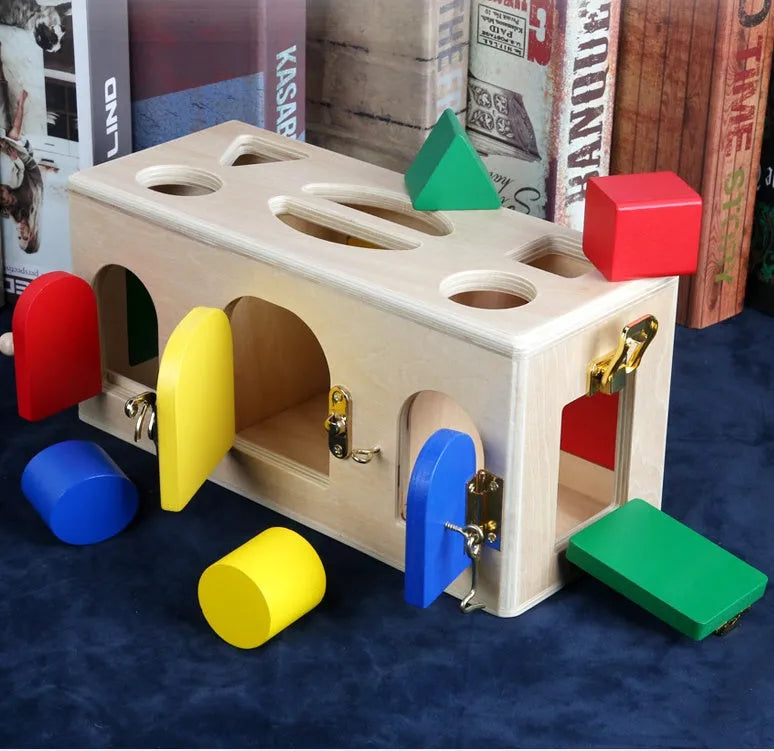 Wooden educational shape matching puzzle box for preschool children with geometric shapes