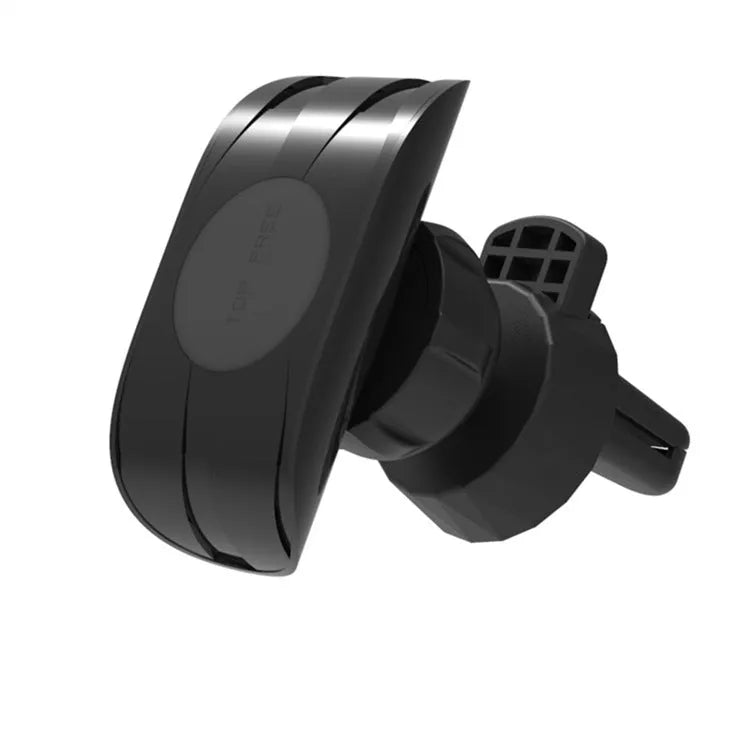 Black car phone holder mounted on vehicle air vent with adjustable clamping arms extended