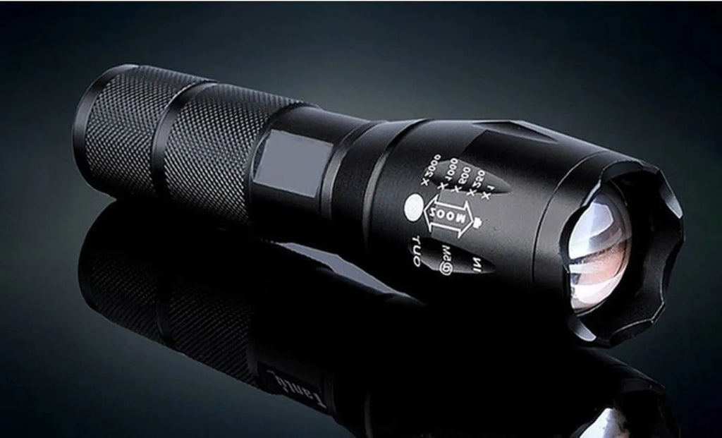 Black aluminium alloy zoomable LED flashlight with adjustable focus head for outdoor use.