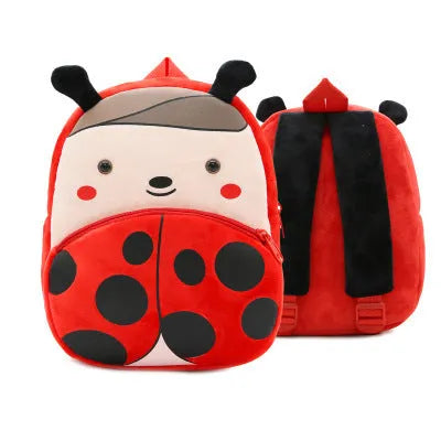 Plush children's backpack with animal design showing soft texture and zipper opening