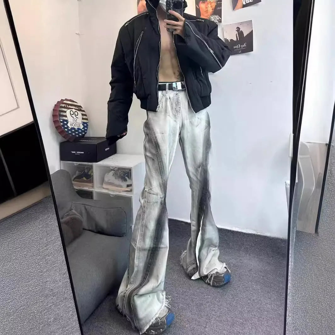 White heavy rough selvedge jeans with black ribbon gradient detailing and mid waist fit