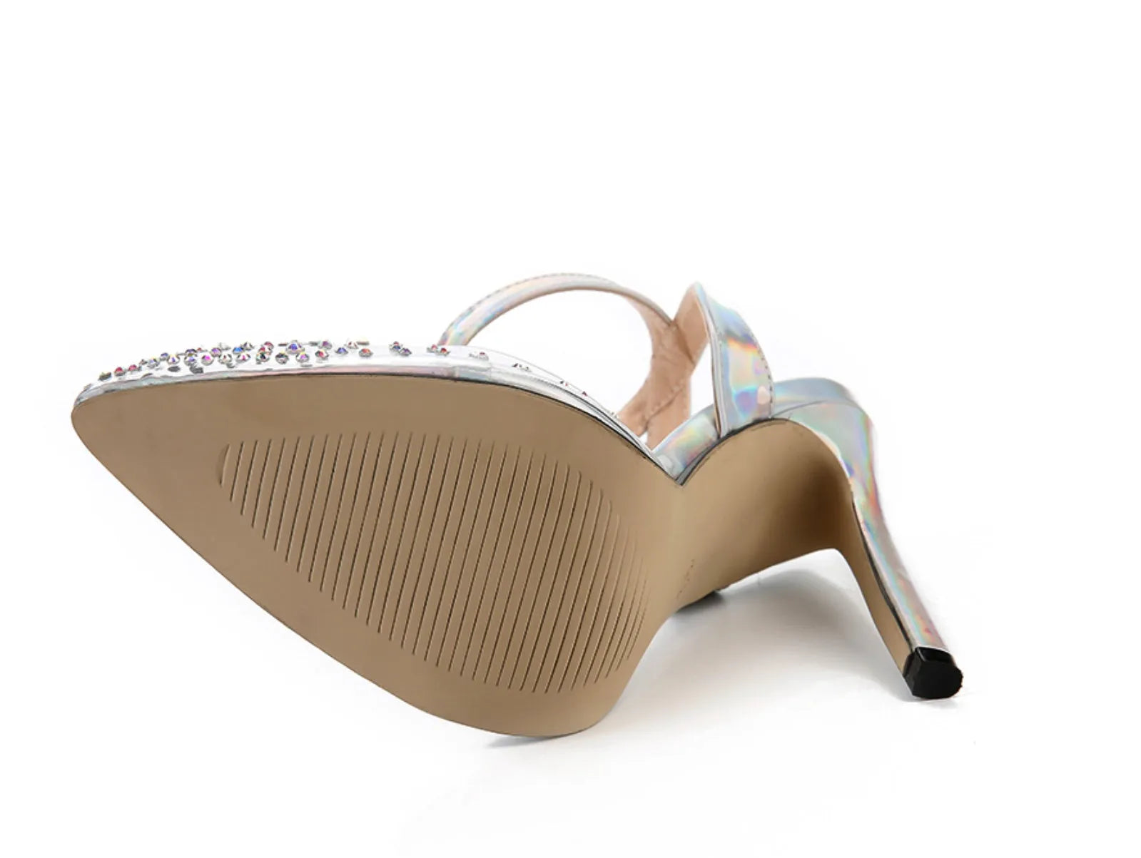 Women's pointed toe stiletto sandals with diamond detail on the PVC upper.