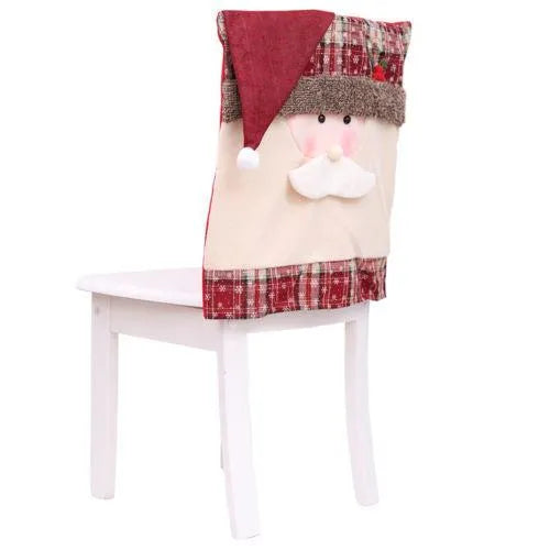Christmas chair covers set with Santa Claus, Snowman, and Santa hat designs on dining chairs