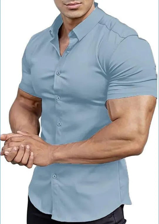 Men's short sleeve printed casual shirt in polyester, shown in multiple colour options.