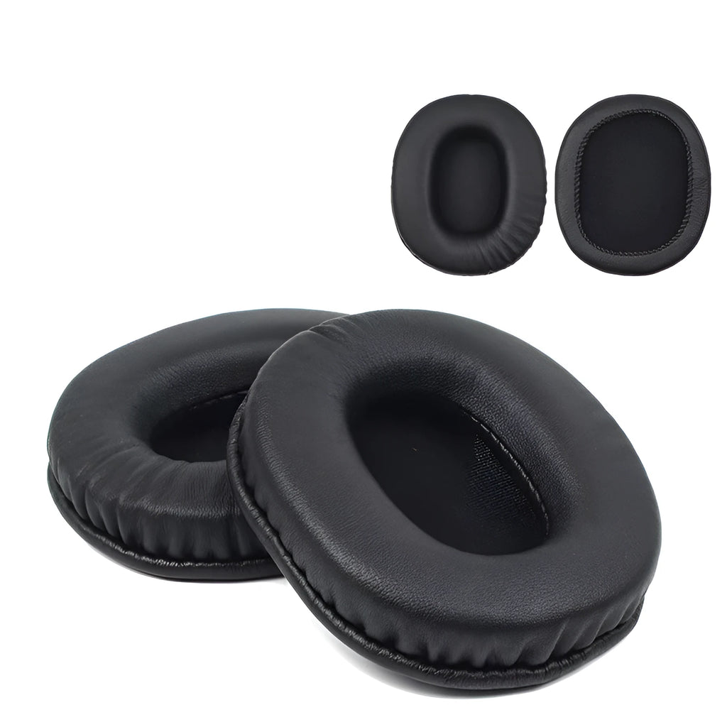 Two black PU leather headphone covers for Sony 1R headphones on a flat surface.