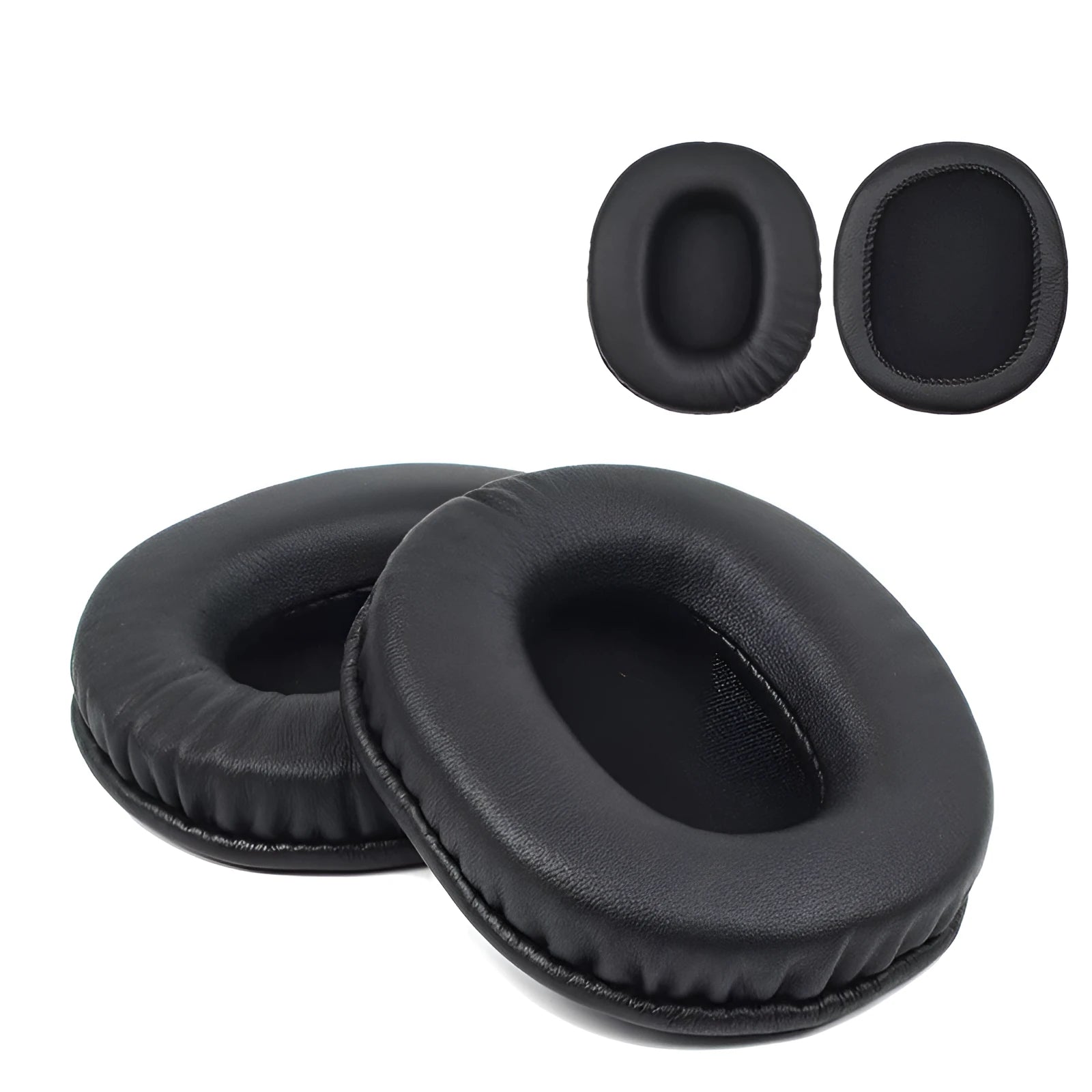 Two black PU leather headphone covers for Sony 1R headphones on a flat surface.