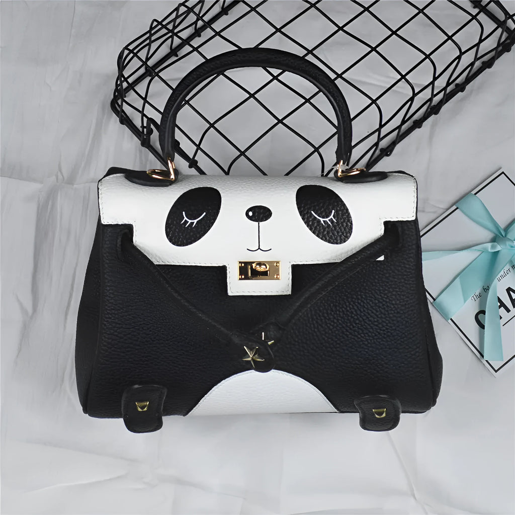 Panda pattern cowhide leather handbag in horizontal square shape, two size options