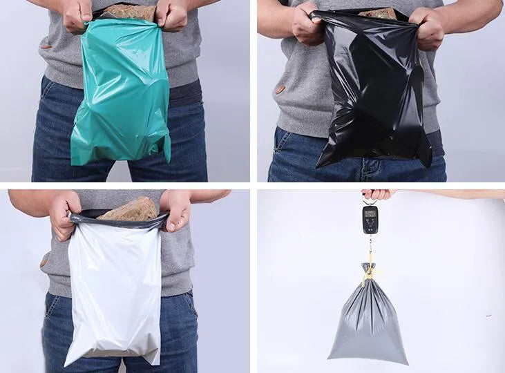 Black, grey, green, and white PE courier bags with adhesive sticker seals in various sizes.