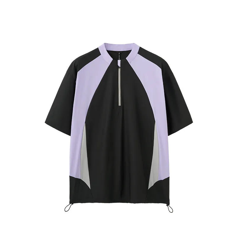 Men's solid colour polyester top with stitching detail, shown in black and beige, long sleeve and short sleeve versions.