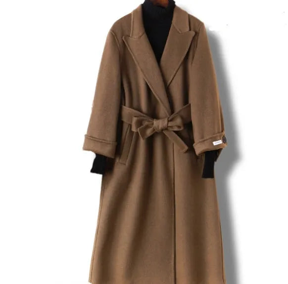 Wool coat with long suit collar in black and caramel colour options