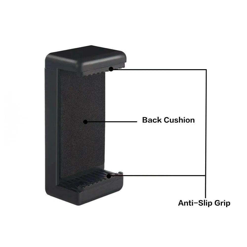 Black plastic rotating clamp phone holder on a desk, showing compact size and adjustable angle.