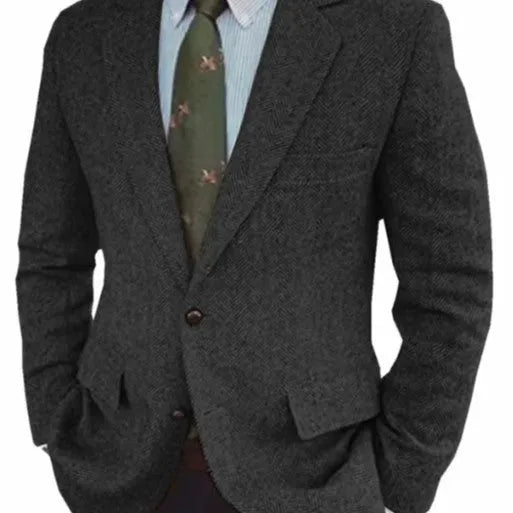 Men's brown herringbone business casual suit jacket with retro styling and long sleeves